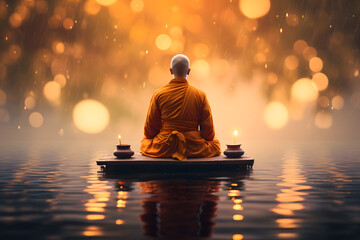 Serene Monk Meditating on a Lake - Generative AI - obrazy, fototapety, plakaty