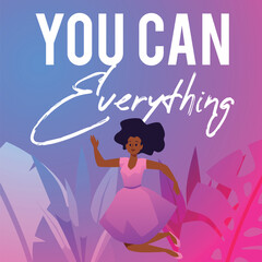 Vector Motivational poster with cute black girl in pink dress doing jump up or flying, woman feeling inspiration, freedom