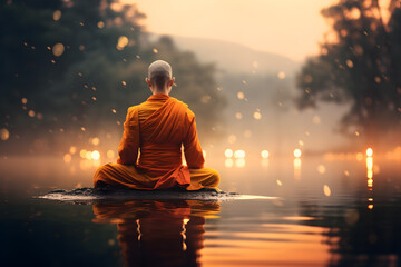 Serene Monk Meditating on a Lake - Generative AI