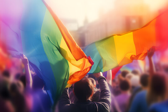 Joyful LGBT Community Waving Rainbow Flags - Generative AI
