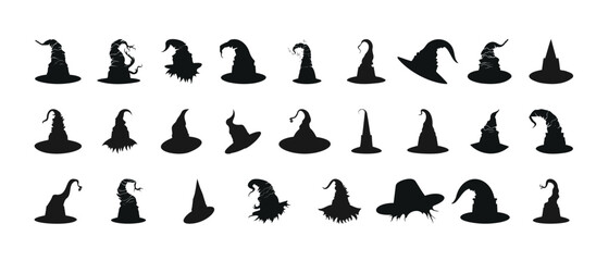 Set of witch hats icon silhouette, clip art - obrazy, fototapety, plakaty