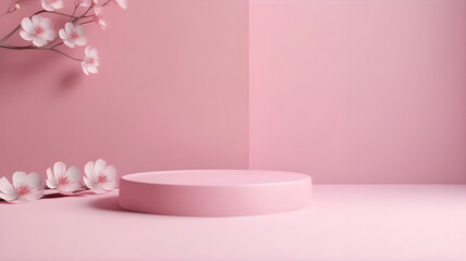 3D display podium. Pastel pink minimalistic background with pedestal stand and blooming Sakura brunch, for product display.