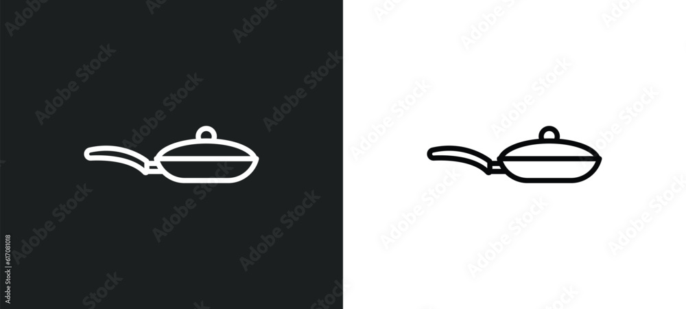 Poster frying pan line icon in white and black colors. frying pan flat vector icon from frying pan collecti