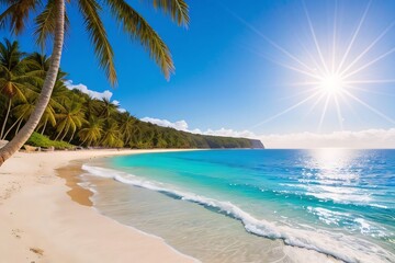 Fototapeta na wymiar Bright sun over the paradise beach. Generative AI