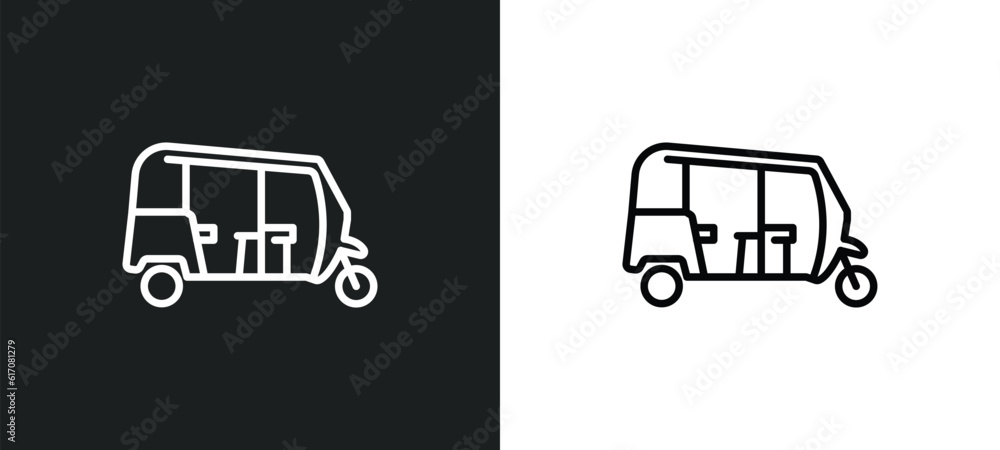 Poster tuk tuk line icon in white and black colors. tuk flat vector icon from collection for web, mobile ap