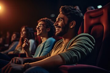 indian friends watching movie in cinema generative ai  - obrazy, fototapety, plakaty