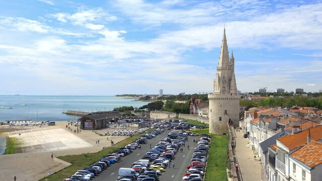 Tour de la Lanterne tower and car park on a sunny day in La Rochelle, France
