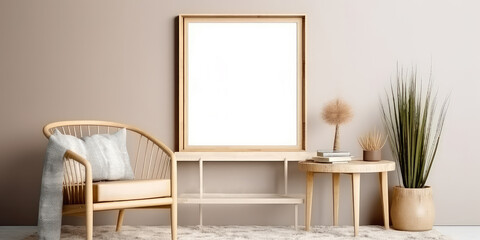 Cozy beige interior mockup with armchair, empty frame for text, green plant in pot. Contemporary apartment scene with furniture. Template for banner. Generative ai