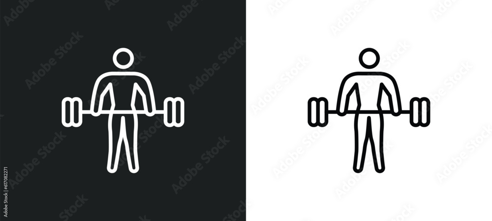 Poster exercising dumbbell line icon in white and black colors. exercising dumbbell flat vector icon from e