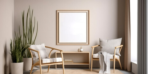 Cozy beige interior mockup with armchair, empty frame for text, green plant in pot. Contemporary apartment scene with furniture. Template for banner. Generative ai