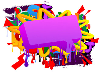 Purple Speech Bubble Graffiti Background. Colorful Urban painting style backdrop. Abstract discussion symbol in modern dirty street art decoration.