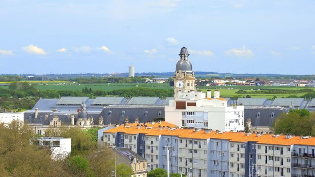 Buildings and clock tower of the railway station of La Rochelle, France