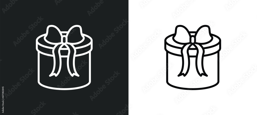Poster gift box with ribbon line icon in white and black colors. gift box with ribbon flat vector icon from