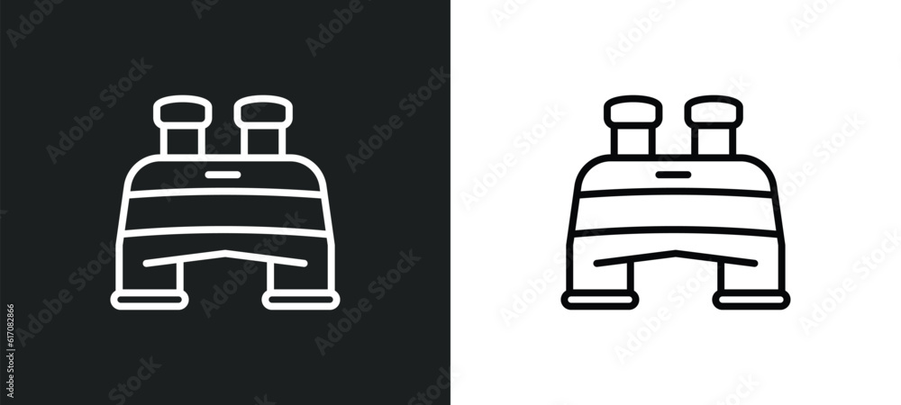 Poster pair of binoculars line icon in white and black colors. pair of binoculars flat vector icon from pai