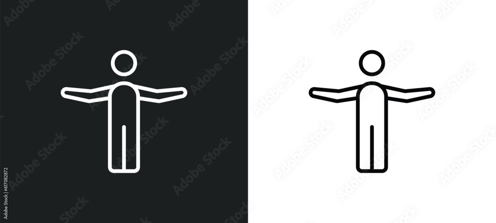 Poster man with open arms line icon in white and black colors. man with open arms flat vector icon from man
