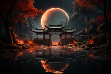 abstract image of ancient torii gate. landscape in Japanese style. ai generative - obrazy, fototapety, plakaty