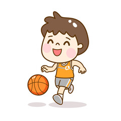 Cartoon kid playing basketball character.