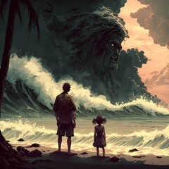 father 40s and daugther 12 yo islanders and hawaiians brown are on the moody beach they are watching the waves doomsday foogy jungles 8k  - obrazy, fototapety, plakaty