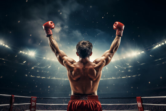 boxer celebrating victory raising his hands up, view from the back.ai generative