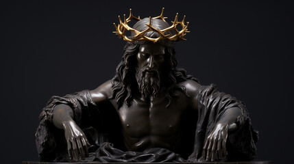 Fototapeta na wymiar black, marble sculpture or statue of Jesus Christ in a golden crown of thorns, the Savior of mankind. ai generative