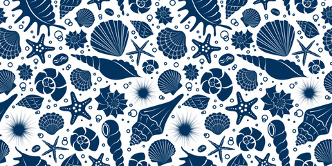 Seashells blue silhouette seamless pattern. Summer sea background. Hand drawn Shells, starfish, bubbles