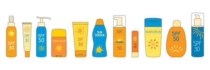 Sun protection collection. Flat sunscreen set. Summer Background with sunbathing products