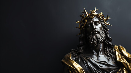 black, marble sculpture or statue of Jesus Christ in a golden crown of thorns, the Savior of mankind. ai generative