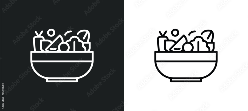 Poster bowl with vegetables line icon in white and black colors. bowl with vegetables flat vector icon from