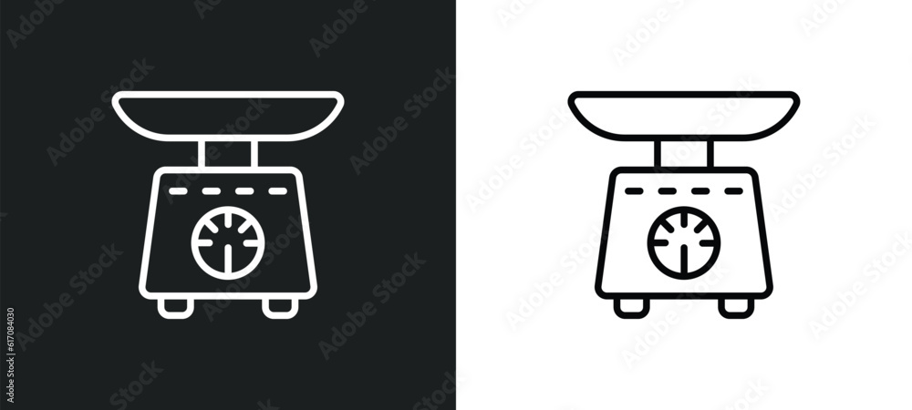 Poster scale balanced tool line icon in white and black colors. scale balanced tool flat vector icon from s