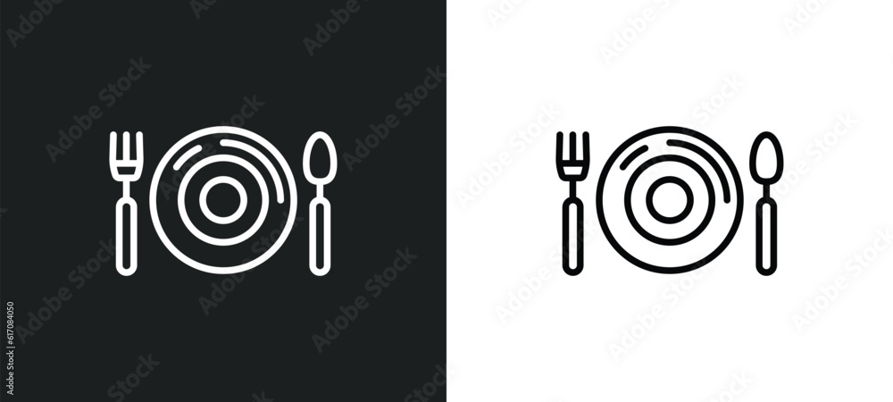 Poster plate and utensils line icon in white and black colors. plate and utensils flat vector icon from pla