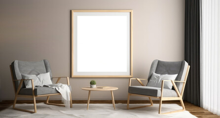  Cozy interior mockup with armchair, empty frame for text. Contemporary apartment scene with furniture. Template for banner. Generative ai