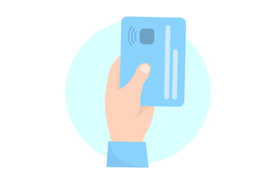 Hand with credit card payment. Shopping flat style icons in red and blue colors