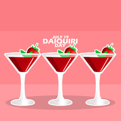 Three glasses of a drink topped with a strawberry fruit commonly known as a Daiquiri drink with bold text on a pink background to celebrate National Daiquiri Day on July 19