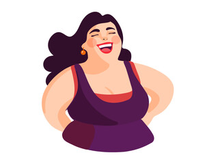 Portrait of a happy laughing fat woman, vector illustration on a white background