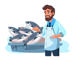 Fish seller, vector illustration on a white background