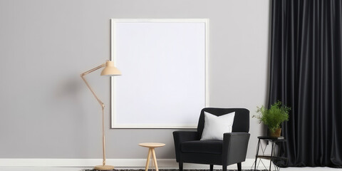 Cozy grey interior mockup with armchair, empty frame for text, torsher lamp.  Contemporary apartment scene with furniture. Template for banner. Generative ai