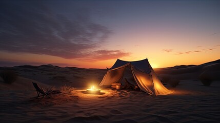 Tent and campfire in the desert against the backdrop of a beautiful sunset. Generative AI.