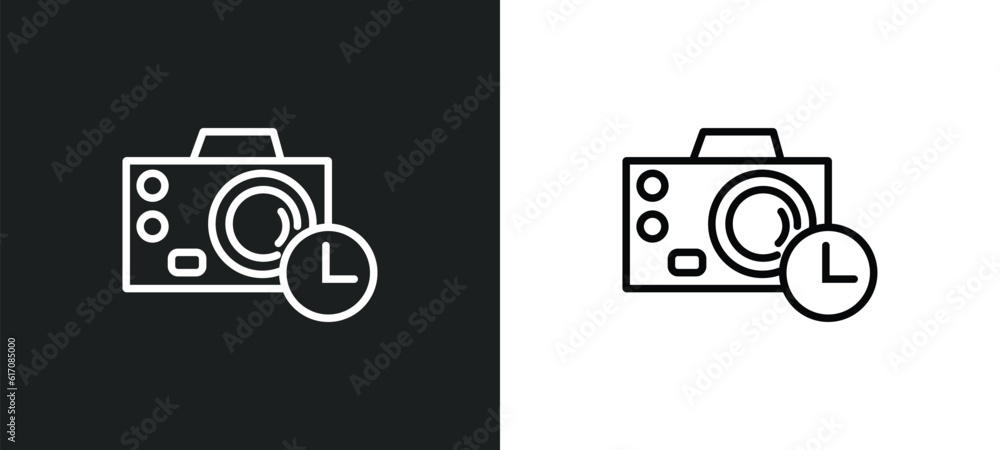 Poster camera timer line icon in white and black colors. camera timer flat vector icon from camera timer co