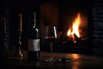 Fireside Elegance: Red Wine Table Setting. Generative AI