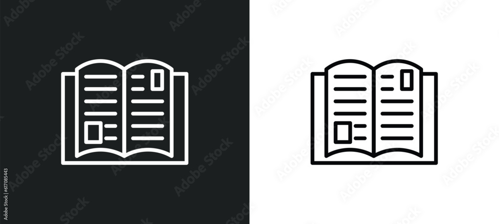 Poster reading an open book line icon in white and black colors. reading an open book flat vector icon from