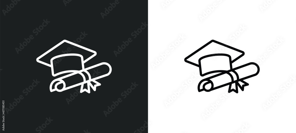 Poster graduating line icon in white and black colors. graduating flat vector icon from graduating collecti