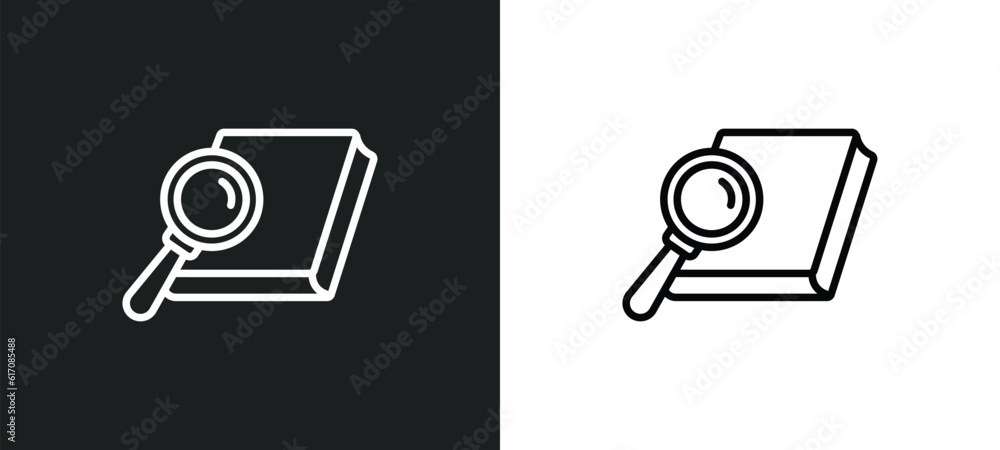 Aufkleber book and magnifying line icon in white and black colors. book and magnifying flat vector icon from b