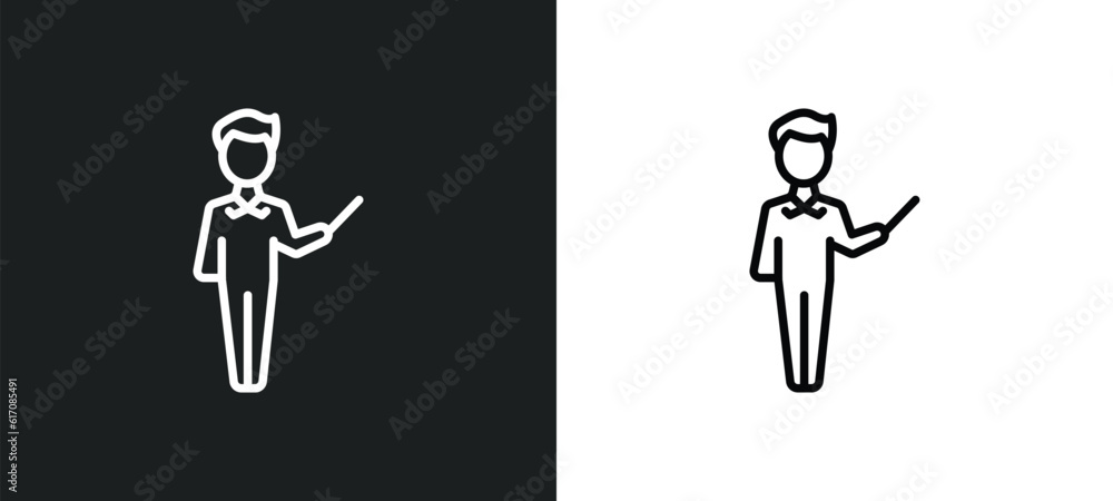 Poster teacher with stick line icon in white and black colors. teacher with stick flat vector icon from tea