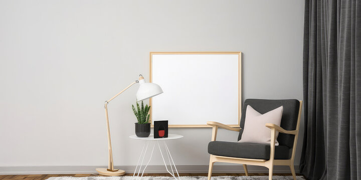 Cozy grey interior mockup with armchair, empty frame for text, torsher lamp.  Contemporary apartment scene with furniture. Template for banner. Generative ai