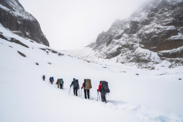 Fototapeta na wymiar Explorers Conquering a Majestic Snowy Mountain Pass. Generative AI