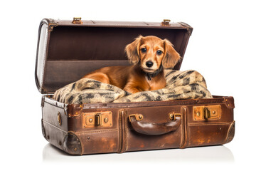 Charming dog lying in suitcase on white background, capturing emotions of pets during travels and holidays - perfect for pet care promotion or vacation ads. Generative AI