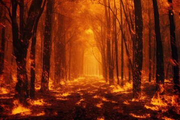 Forest fire. An alley or road among burning trees. Generative AI. - 617086243