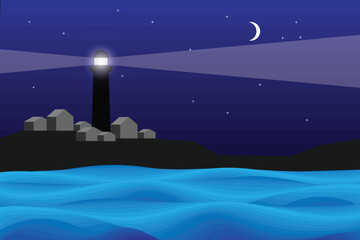 Illustration of lighthouse on the hill and blue wave in the night.