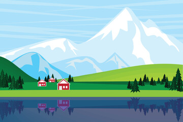 Illustration mirror of Three red huts on green hill with mountains background and soft blue sky .