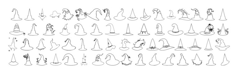 Set of linear witch hats icon silhouette, clip art